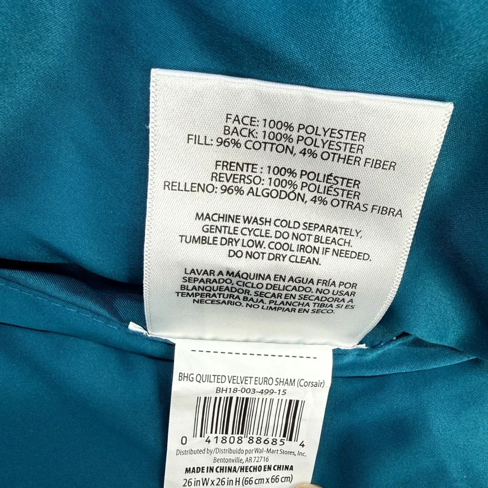 Better Homes & Gardens Quilted Velvet Euro Sham Corsair Teal Blue 26x26 BH18-003